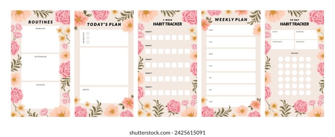 Sammlung von Blumenplaner-Vorlage für tägliche Notizblock, Wochenplan, Agenda, Memo, To-do-Liste, Organisator, Checkliste, mit bunten Blumen und Naturelementen verziert