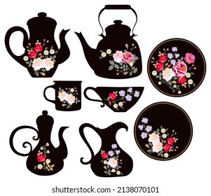 A collection floral prints for tableware and examples use  Easy editable vector illustration  Bouquets roses cup  mug  tray  plate  teapots  gravy boat 