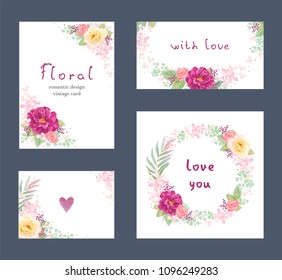 Collection of floral romantic cards with roses, inflorescences hydrangea, leaves and branches. Wreath with flowers and foliage. Vector colorful illustration in vintage style on white background.