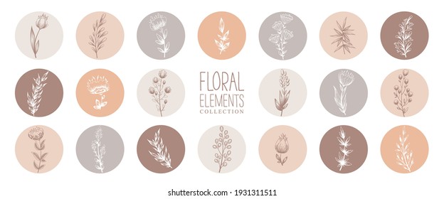 Collection of floral round icons in warm colors isolated on white background. Set of various vector highlight covers for social media stories.