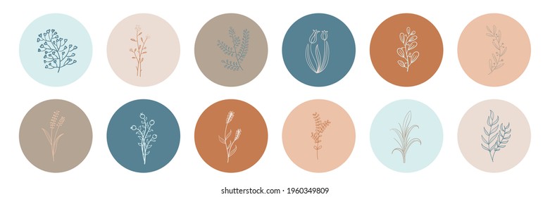 Collection of floral round icons in warm colors isolated. Borders decorated with hand drawn delicate flowers, branches, leaves, blossom.vector
