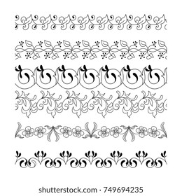 Collection floral seamless border. Decorative seamless doodle horizontal ornament set