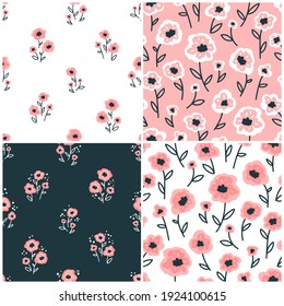 Collection Floral seamless pattern with cute small flowers. Simple doodle hand-drawn style. Motifs scattered liberty. Pretty ditsy for Millefleurs fabric, textile, wallpaper. Vector Digital paper.