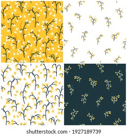 Collection Floral seamless pattern with cute small flowers. Simple doodle hand-drawn style. Motifs scattered liberty. Pretty ditsy for Millefleurs fabric, textile, wallpaper. Vector Digital paper.