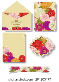 Collection of Floral: seamless pattern, frame, border, paper, an envelope. Hand drawn flowers