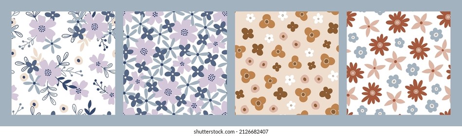 Collection of floral seamless patterns in flat style with blooming flowers. Hand drawn endless summer background for textile and wallpaper. Colored botanical illustration, contemporary backdrop