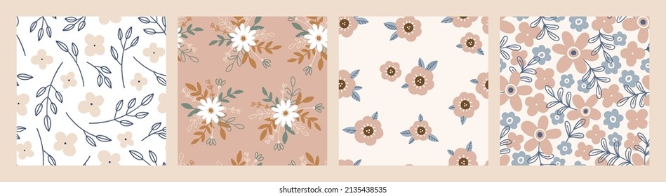 Collection of floral seamless patterns in flat style with blooming flowers. Hand drawn endless summer background for textile and wallpaper. Colored botanical illustration, contemporary backdrop
