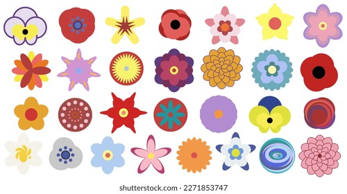 Collection of Floral Seventies Elements. Big Set in Retro 1970 Peace Style. Groovy Flowers. Hand Drawn Vector Illustration. Trendy 70s. Designed for fabric, textile, printing