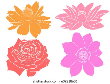 Collection of floral silhouettes, isolated on white background. Set with marigold, rose, lotus (water lily) and cosmos flower. Fashion elements for fabric and textile prints, patches or stickers.