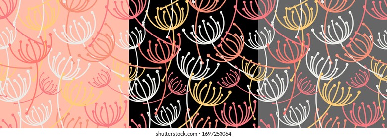 Collection of floral spring vintage seamless pattern with dandelion seeds on various backgrounds. Backdrop design for wallpaper or clothes