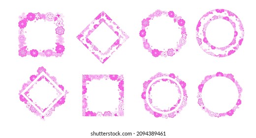 Collection of floral square and round hand drawn frames, in shades of pink. Various design scribbles, copy space. Editable hand drawn template, clipart for prints