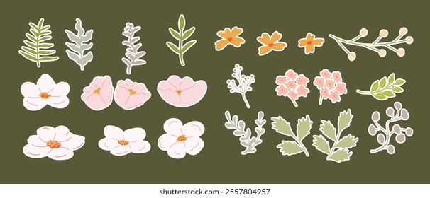 Collection of floral stickers on olive background featuring leaves and flowers.