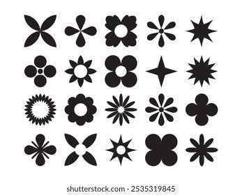 Coleção de ícones vetoriais florais em várias formas abstratas, incluindo flores, estrelas e desenhos geométricos. Perfeito para padrões decorativos, design gráfico e ilustrações minimalistas.

