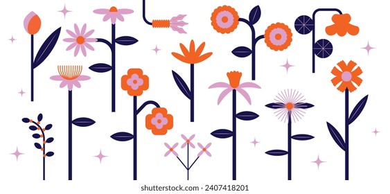 Collection of floral vector illustrations with geometric style