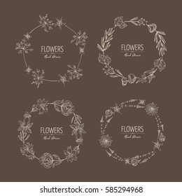 Collection of floral wreath with flower and leaves. hand drawn