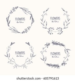 Collection of floral wreath with flower and leaves. hand drawn.