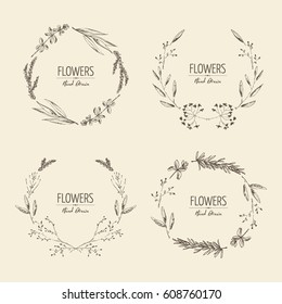 Collection of floral wreath with flower and leaves. hand drawn.