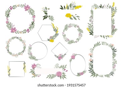 Collection of floral wreath and frames. Spring botanic collection. Editable vector illustration.