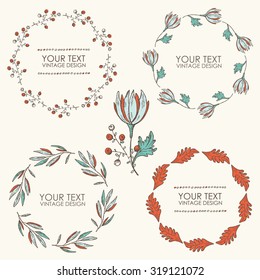 Collection of floral wreath, hand drawn.