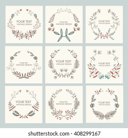 Collection of floral wreath, hand drawn.