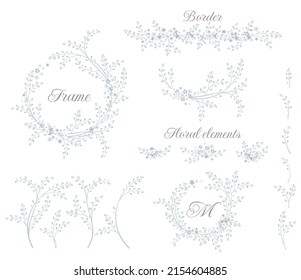 Collection of floral wreath, twigs, borders, frame. Decorative elements for design invitation, cards. Floral vector graphic.