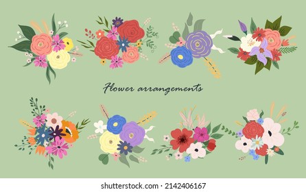 Collection flower arrangements. Flowers bouquets with cut blooms and leaves. Spring floral gift with blossomed plants. Gorgeous romantic bunch. Colored flat vector illustration of modern showy posy.