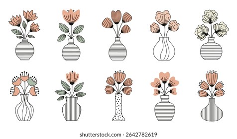 Collection of Flower Arrangements in Vases Decorative Floral Bouquets Isolated on White