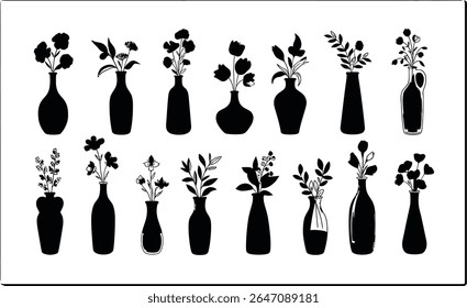 A collection of flower arrangements in vases This composition displays an array of flower and plant arrangements presented in various vases, creating a study in monochrome botanical illustration.