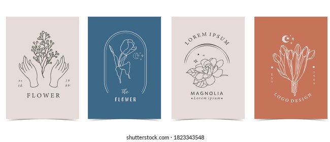 Colección de fondo floral con mano, flor, lavanda, magnolia,forma.Ilustración vectorial editable para sitio web, invitación, postal y pegatina