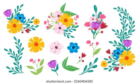 Collection of flower bouquet wedding ornament vector illustration with leaves on white background. Flower composition.