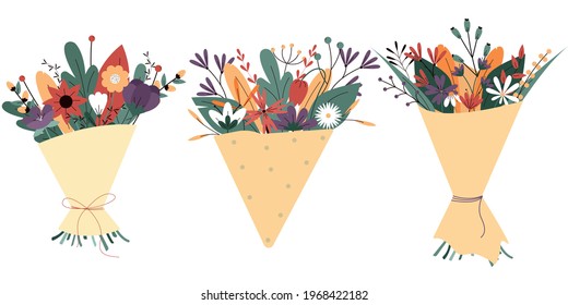 Collection of flower bouquets isolated on a white background. Set of summer blooming flowers in envelope.Colorful vector illustration in flat style