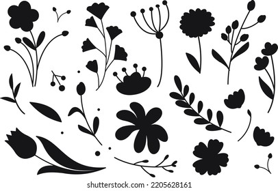 Collection of Flower and branches doodle isolated vector Silhouettes