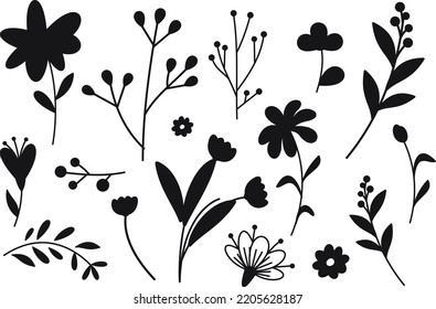 Collection of Flower and branches doodle isolated vector Silhouettes