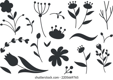 Sammlung von Blumen und Äste doodle einzelne Vektorsilhouettes