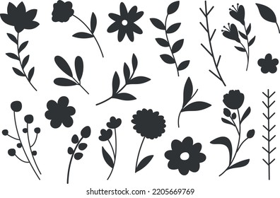 Collection of Flower and branches doodle isolated vector Silhouettes