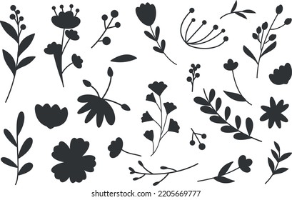 Collection of Flower and branches doodle isolated vector Silhouettes