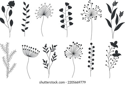 Colección de flores y ramas garabatos vectores aislados Silhouettes