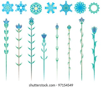 Collection of flower buds in form of mandalas and complete flowers with stems and leafs. This set shows various colored shapes of flower buds with ready to use brushes.