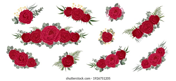 Collection of flower compositions. Red roses, eucalyptus, various plants and flowers, gypsophila