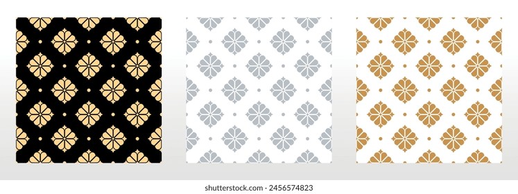 Colección de patrones geométricos florales. Fondos de Vector sin costuras. Adornos de colores. Adorno para tela, Fondo de pantalla, embalaje. Estampados decorativos