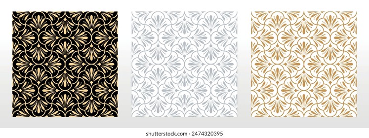 Colección de patrones geométricos florales. Fondos de Vector sin costuras. Adornos de colores. Adorno para tela, Fondo de pantalla, embalaje. Estampados decorativos
