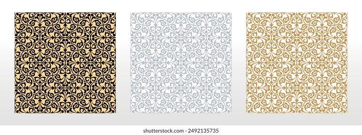 Colección de patrones geométricos florales. Fondos de Vector sin costuras. Adornos de colores. Adorno para tela, Fondo de pantalla, embalaje. Estampados decorativos