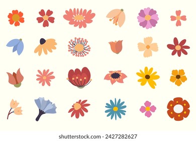 Collection of flower heads isolated on white background. Simple colorful vector flowers in cartoon style.