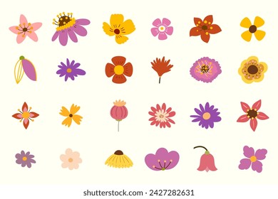 Colección de cabezas de flores aisladas sobre fondo blanco. Flores de vector de colores simples en estilo de dibujos animados.