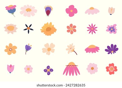 Collection of flower heads isolated on white background. Simple colorful vector flowers in cartoon style.