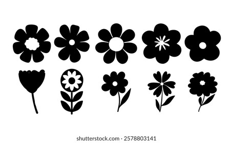 Collection of flower icon, Vector 
botany  flowers, Black and white illustration, silhouetted style design. Perfect for branding, this illustration.