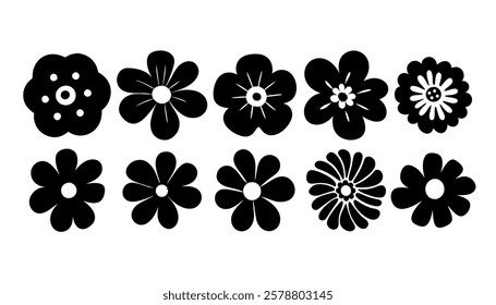 Collection of flower icon, Vector 
botany  flowers, Black and white illustration, silhouetted style design. Perfect for branding, this illustration.