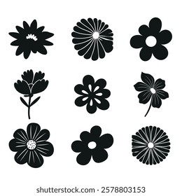 Collection of flower icon, Vector 
botany  flowers, Black and white illustration, silhouetted style design. Perfect for branding, this illustration.