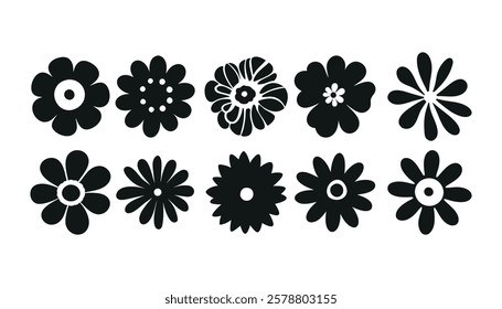 Collection of flower icon, Vector 
botany  flowers, Black and white illustration, silhouetted style design. Perfect for branding, this illustration.