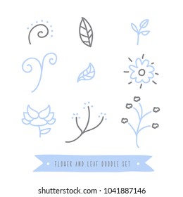 Collection of flower and leaf doodle set on white background, vector, drawing